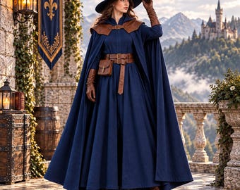 Blue Wizard Costume Set, Women's Fantasy Cosplay Outfit, Medieval Wizard Dress, Hooded Cape, Witch Costume, Renaissance Halloween Outfit