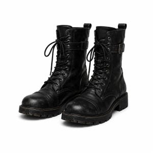 May include: A pair of black mid-calf boots featuring a lace-up front with silver-toned eyelets, a rounded toe cap, and a decorative strap with a metal buckle near the top. The boots have a thick, lugged rubber sole and a pull tab at the heel.