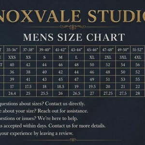 May include: A dark blue Noxvale Studio size chart for jackets, featuring a grid with rows for body chest, jacket size, jacket chest, waist, hip, shoulder, and sleeves in inches. Includes contact icons for questions, assistance, and returns.
