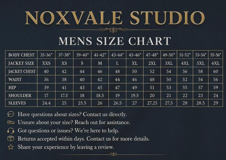 May include: A dark blue Noxvale Studio size chart for jackets, featuring a grid with rows for body chest, jacket size, jacket chest, waist, hip, shoulder, and sleeves in inches. Includes contact icons for questions, assistance, and returns.