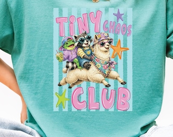 Camiseta Tiny Chaos Club, Camiseta divertida de mapache y llama, Camiseta Chaos Squad para mujer, Camiseta Wild Gang, Camiseta retro de rana, mapache y llama con ambiente veraniego