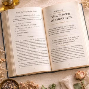 May include: An open book displays the title "What Do You Want Most?" and "The Power of Thoughts." Dried flowers and small glass bottles with cork stoppers are arranged around the book on a neutral surface.