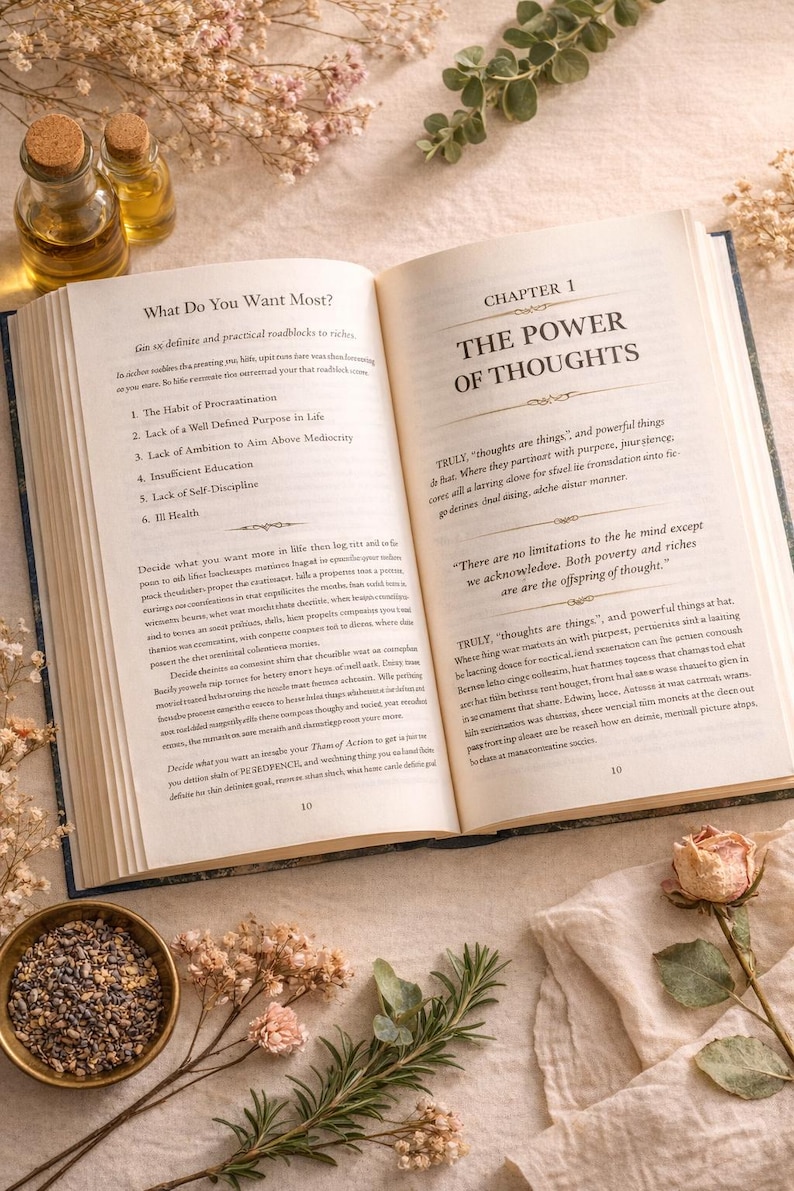 May include: An open book displays the title "What Do You Want Most?" and "The Power of Thoughts." Dried flowers and small glass bottles with cork stoppers are arranged around the book on a neutral surface.