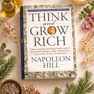 May include: A copy of "Think and Grow Rich" by Napoleon Hill, with text overlay. The book is surrounded by decorative elements, including a lit candle, small bottles, and floral arrangements. The book's cover features the title in large font.