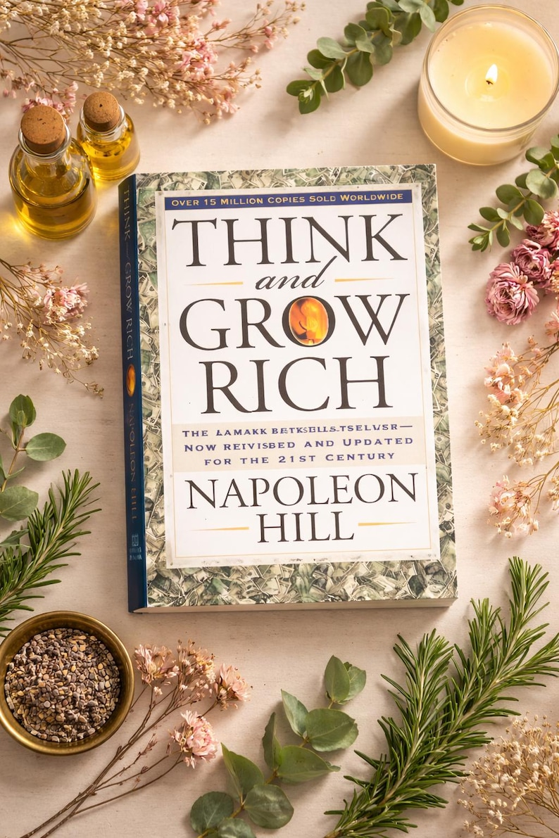 May include: A copy of "Think and Grow Rich" by Napoleon Hill, with text overlay. The book is surrounded by decorative elements, including a lit candle, small bottles, and floral arrangements. The book's cover features the title in large font.