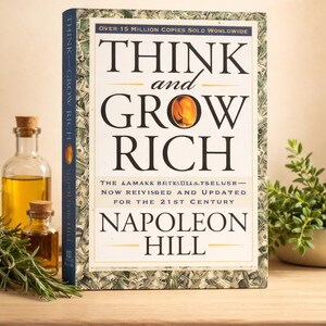 May include: A hardcover copy of "Think and Grow Rich" by Napoleon Hill, with the title in large black letters. The book is on a wooden surface, with small bottles of oil and herbs in the background. The book cover has the text "OVER 15 MILLION COPIES SOLD WORLDWIDE".