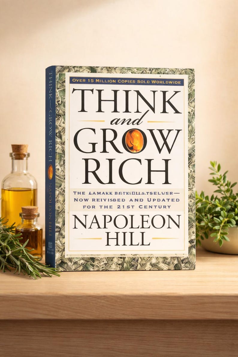 May include: A hardcover copy of "Think and Grow Rich" by Napoleon Hill, with the title in large black letters. The book is on a wooden surface, with small bottles of oil and herbs in the background. The book cover has the text "OVER 15 MILLION COPIES SOLD WORLDWIDE".