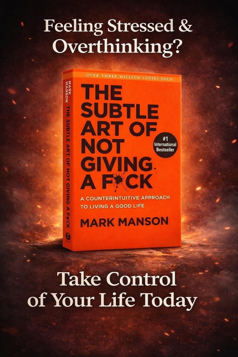 Może przedstawiać: Pomarańczowa książka zatytułowana "The Subtle Art of Not Giving a F*ck" autorstwa Marka Mansona. Okładka książki zawiera pogrubiony biały tekst i hasło "Nietypowe podejście do dobrego życia."