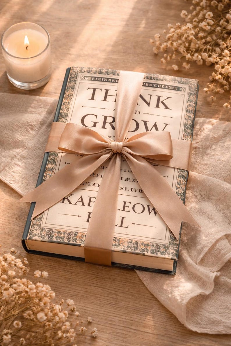 May include: A hardback book titled "THINK AND GROW" wrapped with a beige satin ribbon and bow. The book has an antique design with decorative borders and text. A lit candle and dried flowers are in the background.