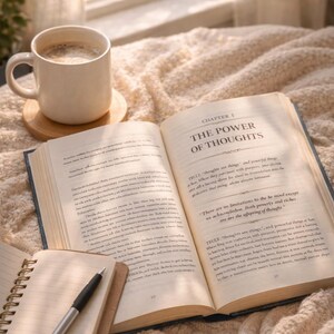May include: A cozy scene featuring a white mug of coffee on a wooden coaster, an open book with the title "THE POWER OF THOUGHTS", a notebook, and a pen. The items rest on a soft, cream-colored blanket near a window, creating a relaxing atmosphere.