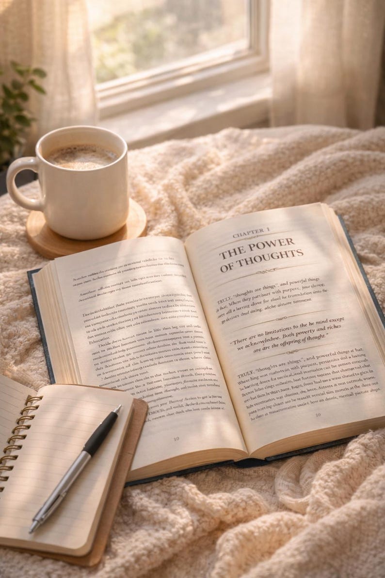 May include: A cozy scene featuring a white mug of coffee on a wooden coaster, an open book with the title "THE POWER OF THOUGHTS", a notebook, and a pen. The items rest on a soft, cream-colored blanket near a window, creating a relaxing atmosphere.