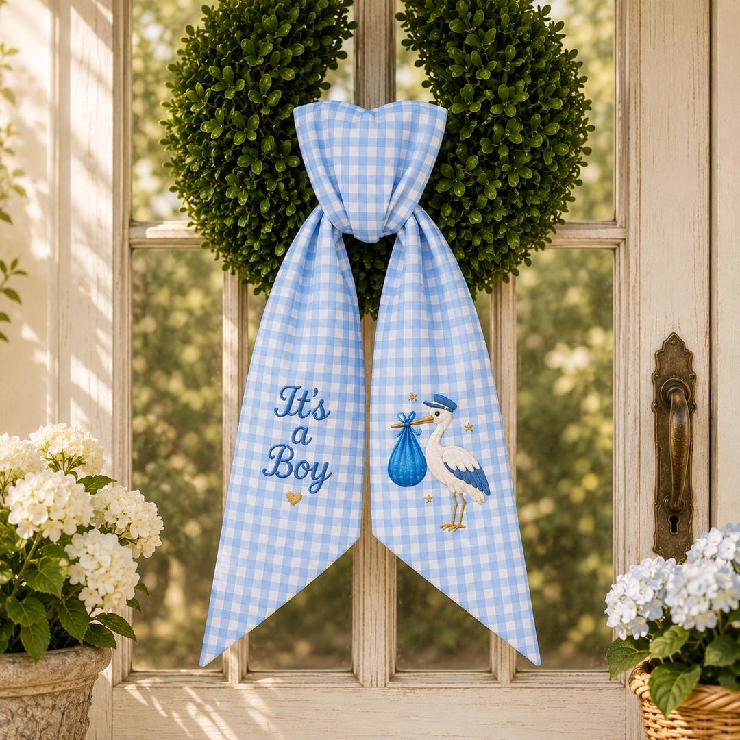 Embroidered It's A Boy Wreath Sash, Blue Gingham Stork Baby ...
