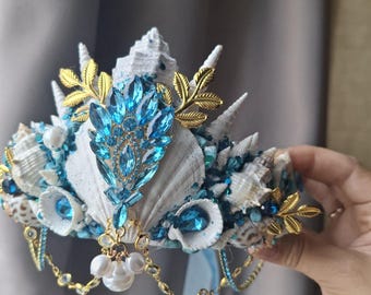 Gold blue Mermaid crown tiara. Birthday crown adult. Burning man festival Sea shell crown.