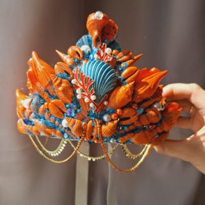 Orange Mermaid crown. Burning man festival Sea shell crown. Ariel mermaid tiara. Beach wedding crown adult.