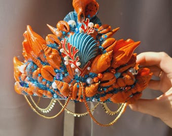 Orange Mermaid crown. Burning man festival Sea shell crown. Ariel mermaid tiara. Beach wedding crown adult.