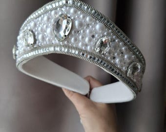 Rhinestone pearl kokoshnic, bridal crown tiara. Unique wedding, festival headband in vintage style. Anastasia crown.