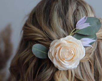 Blush floral hair clip for boho rustic wedding.Bridal hair comb. Rose eucalyptus hair accessories, bridal hair piece.
