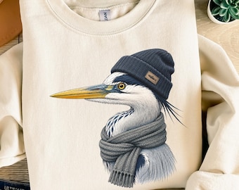Heron Sweatshirt, Cute Bird in Beanie Hoodie, Winter Heron Sweater, Animal with Scarf Top, Wildlife Lover Apparel, Cozy Bird Pullover