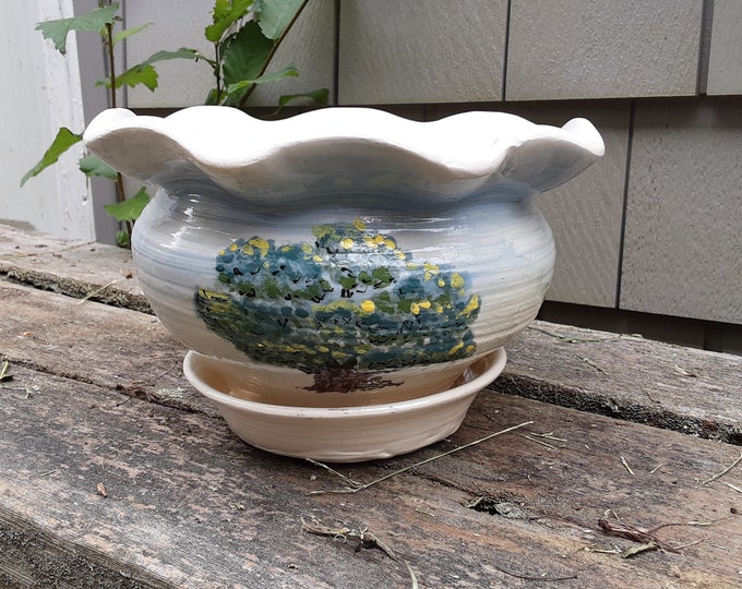 Earthenware Tree planter with Frilled, Scalloped Edge and Attached Tray