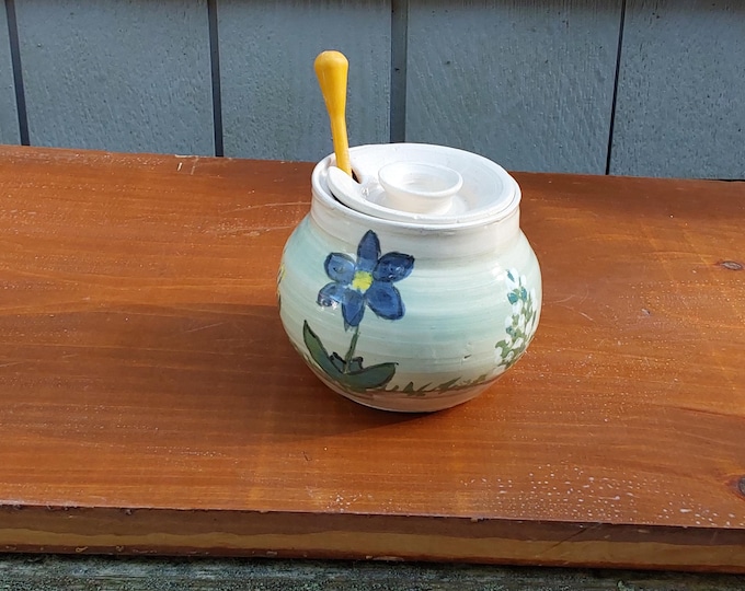 Handmade Honey Pot with Dipper – Small Covered Jar