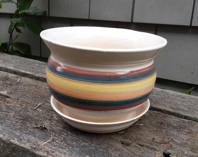 Striped Multicolored Cauldron Shaped Earthenware Planter with Attached Tray