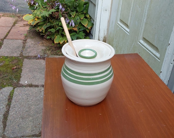 Handmade White Honey Pot with Green Stripes