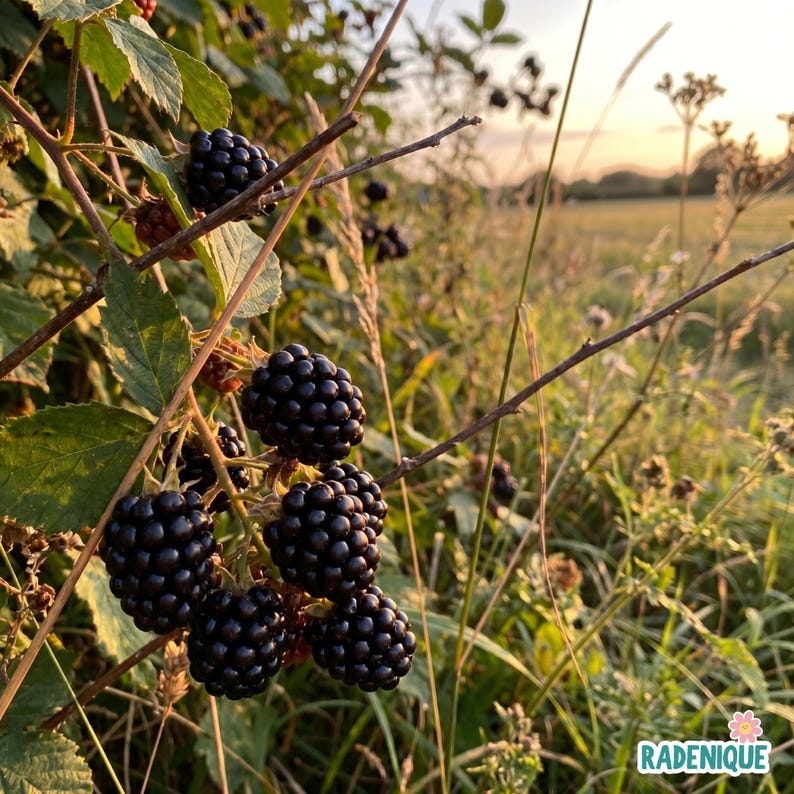 May include: A cluster of ripe, dark purple blackberries hanging from a thorny green vine with serrated leaves. The fruit is round and textured with small drupelets. The text RADENIQUE with a small flower icon is visible in the bottom right corner.