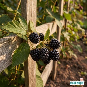 May include: A cluster of ripe, dark purple blackberries attached to a green stem with serrated leaves, growing against a weathered wooden trellis. The text RADENIQUE with a small flower icon is visible in the bottom right corner of the image.