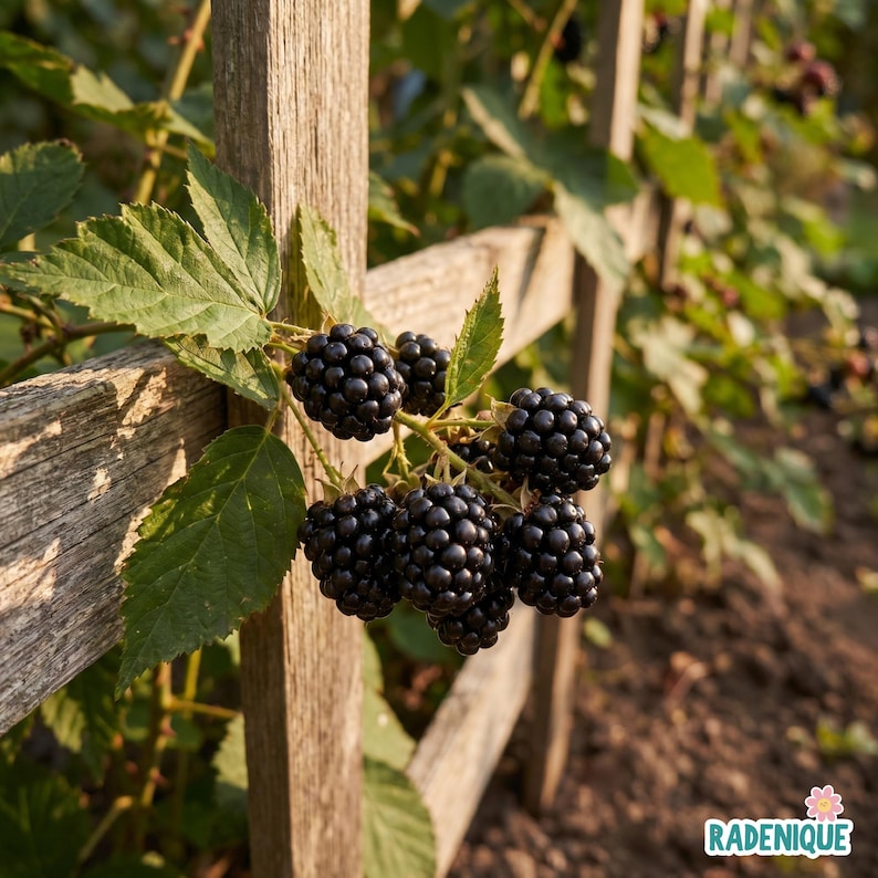 May include: A cluster of ripe, dark purple blackberries attached to a green stem with serrated leaves, growing against a weathered wooden trellis. The text RADENIQUE with a small flower icon is visible in the bottom right corner of the image.
