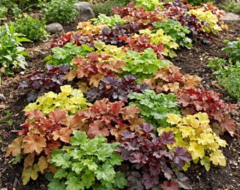 May include: A garden bed featuring a variety of Heuchera plants with foliage in shades of deep purple, bright lime green, amber, and copper. The plants are arranged in a cluster within dark soil, showcasing lobed leaves and a dense growth habit.