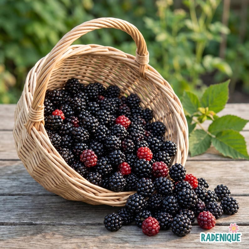 May include: A light brown woven wicker basket tipped on its side, overflowing with a large quantity of ripe, dark purple-black blackberries and a few scattered bright red, unripe blackberries, resting on a weathered gray wooden surface.