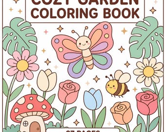 Puede incluir: Ilustración colorida de la portada de un "Cozy Garden Coloring Book". La imagen presenta una mariposa, una abeja, flores y una casa de champiñones. El libro tiene 27 páginas.
