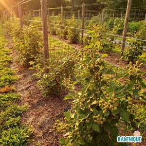 May include: Rows of blackberry bushes growing along a wire trellis system in a field. The plants feature green leaves and clusters of small, unripe green berries. The ground is covered in mulch and grass, illuminated by warm golden hour sunlight.
