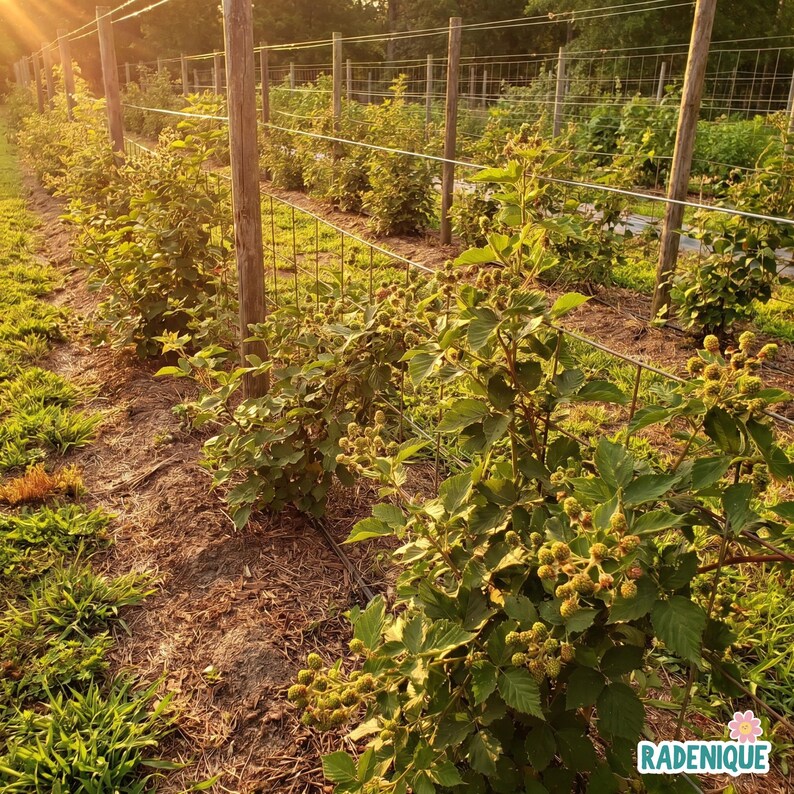 May include: Rows of blackberry bushes growing along a wire trellis system in a field. The plants feature green leaves and clusters of small, unripe green berries. The ground is covered in mulch and grass, illuminated by warm golden hour sunlight.