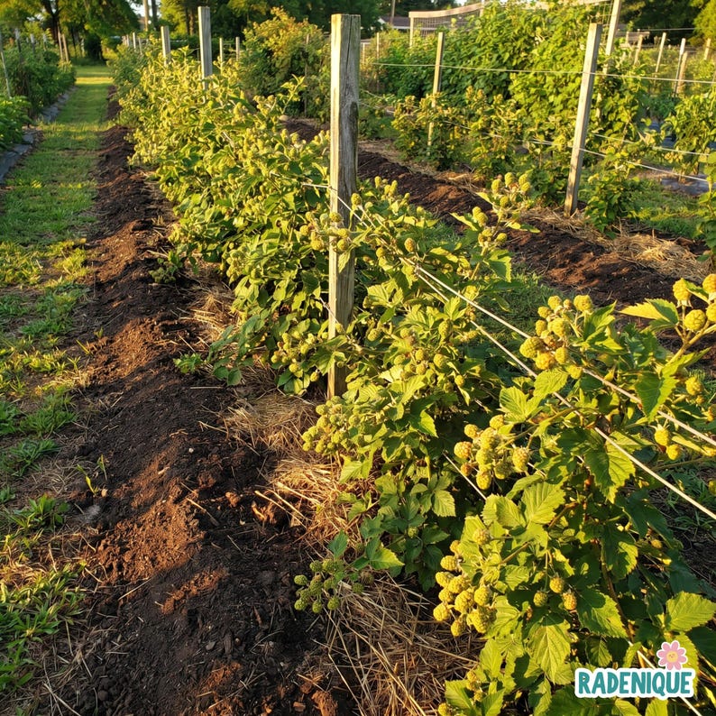 May include: A row of blackberry bushes planted in dark soil with straw mulch, supported by wooden posts and horizontal wires. The green plants feature numerous clusters of developing, light green, unripe berries and serrated leaves.