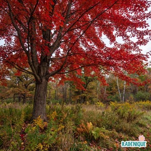 May include: A large tree with vibrant red autumn leaves stands in a field of tall grasses and ferns. The tree has a thick, textured brown trunk and branches that spread wide. In the lower right corner, the text RADENIQUE appears in blue.