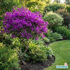 May include: A vibrant bougainvillea shrub featuring dense clusters of bright purple bracts and small white flowers, supported by a woody, branching trunk, situated in a garden setting with green foliage and a lawn, with the text RADENIQUE.