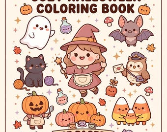 Libro para colorear de Halloween acogedor para niños de 3 a 5 años, 27 páginas lindas y no aterradoras, páginas para colorear imprimibles para niños pequeños, descarga en PDF tamaño carta estadounidense y A4.