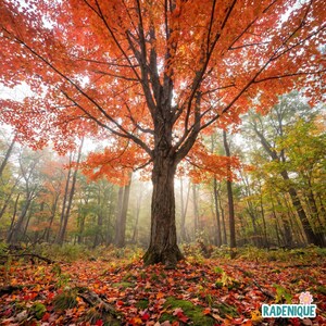 May include: A large tree with vibrant orange and red autumn leaves stands in a forest. The ground is covered in a thick layer of fallen leaves in shades of red, orange, and brown. The text RADENIQUE is visible in the bottom right corner.