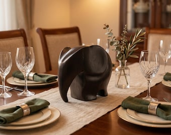 Hand Carved Wooden Elephant Sculpture | Dark Wood Minimalist Animal Figurine, Rustic Desk Decor