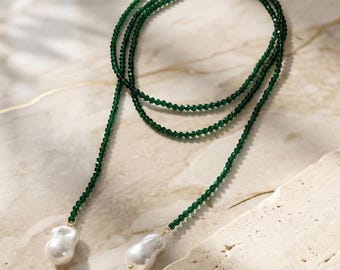 Emerald Green Spinel Beaded Necklace, Simulated Baroque Pearl Pendant, Long Sweater Chain