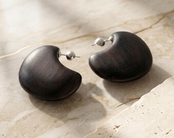 Ebony Wood Stud Earrings, Organic Shape, Scandinavian Statement Jewelry, Sterling Silver Posts