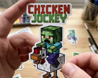 Chicken Jockey Minecraft para hombres, mujeres y niños, divertido regalo de videojuego, pegatinas troqueladas, imanes para coche, logotipos, vinilos decorativos.