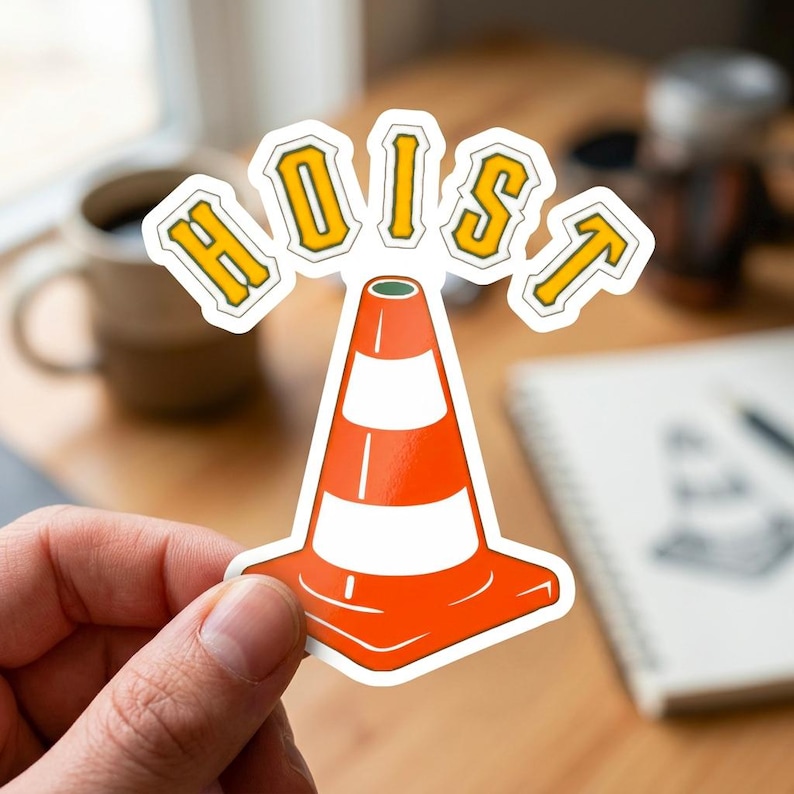 Puede incluir: Una pegatina con un cono de tr&aacute;fico naranja y blanco con la palabra "HOIST" en letras amarillas. La pegatina est&aacute; sujeta por una mano, con un fondo borroso de una taza y un cuaderno.