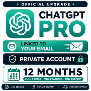 Puede incluir: Un gráfico digital para ChatGPT Pro con el texto OFFICIAL UPGRADE, CHATGPT PRO, LINKED TO YOUR EMAIL, PRIVATE ACCOUNT, 12 MONTHS, FULL ACCESS, FULL FEATURES, FULL SUPPORT, 100% GENUINE, INSTANT DELIVERY y PREMIUM SUPPORT junto a varios iconos.