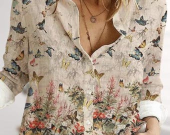 Bluzka z kwiatowym wzorem, koszula casualowa Nature Love, bluzki retro z motylami, damska koszula boho na lato, prezent dla niej