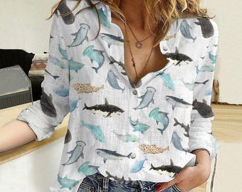 Shark Print Blouse, Ocean Life Casual Long Sleeve Shirt, Animal Lover Women's Top