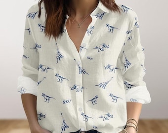 Vintage blouse shirt dinosaurussen, dinosaurus minnaar vrouwen shirt, grappige dino familie vakantie casual shirt, retro top met lange mouwen cadeau voor haar