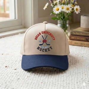May include: A beige baseball cap with a navy blue brim. The cap features the text "Briar University Hockey" embroidered in red and navy blue, along with hockey sticks and a puck. The text "EST. 2015" is also included.