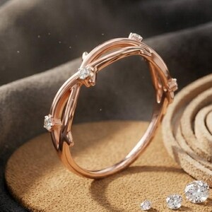 Rose Gold Branch Moissanite Ring, Nature Inspired Twig Wedding Band, 925 Silver Diamond Ring, Unique Stackable Promise Ring Gift for Her